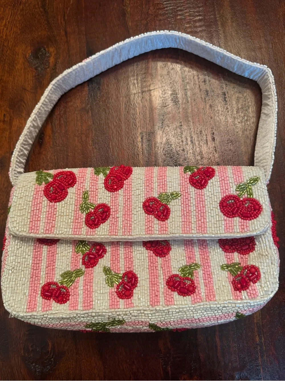 Viral Beaded Cherry Stripe Shoulder Bag in Pink and White - Picture 1 of 7